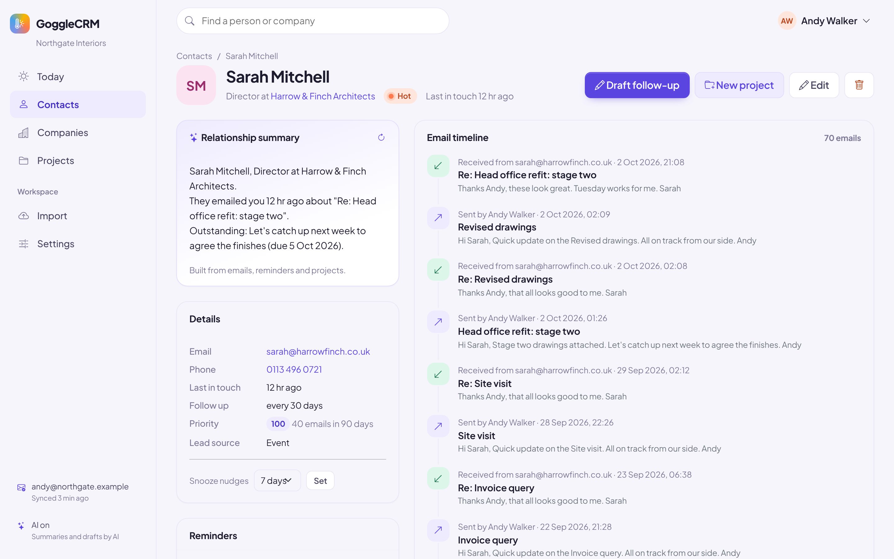 A contact page with a relationship summary, details and an automatic email timeline