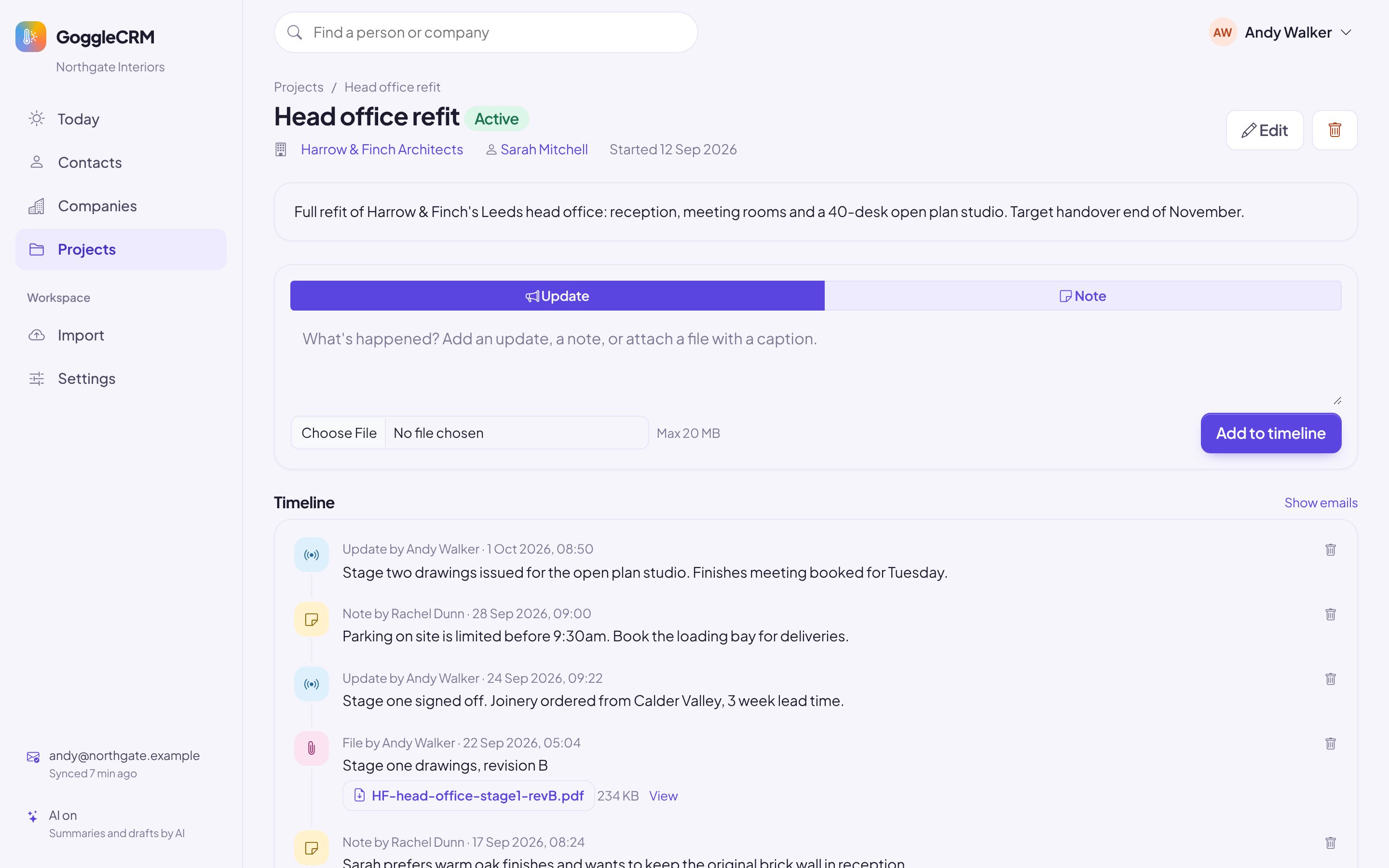 A project timeline with updates, notes and an attached drawing