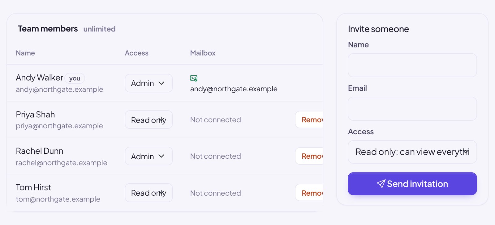 Team settings with admin and read-only users